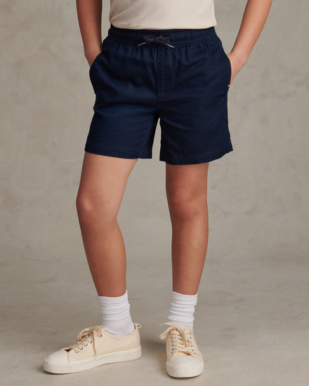 Boys Cotton Twill Drawstring Short in Dark Sapphire Navy