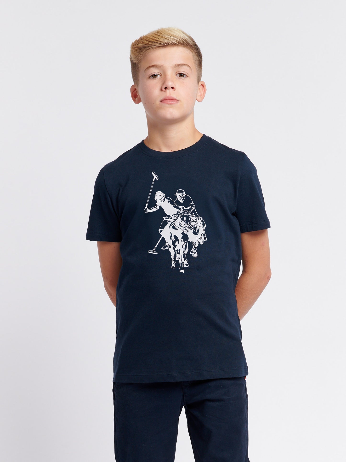 Boys Double Horsemen Graphic T-Shirt in Dark Sapphire Navy