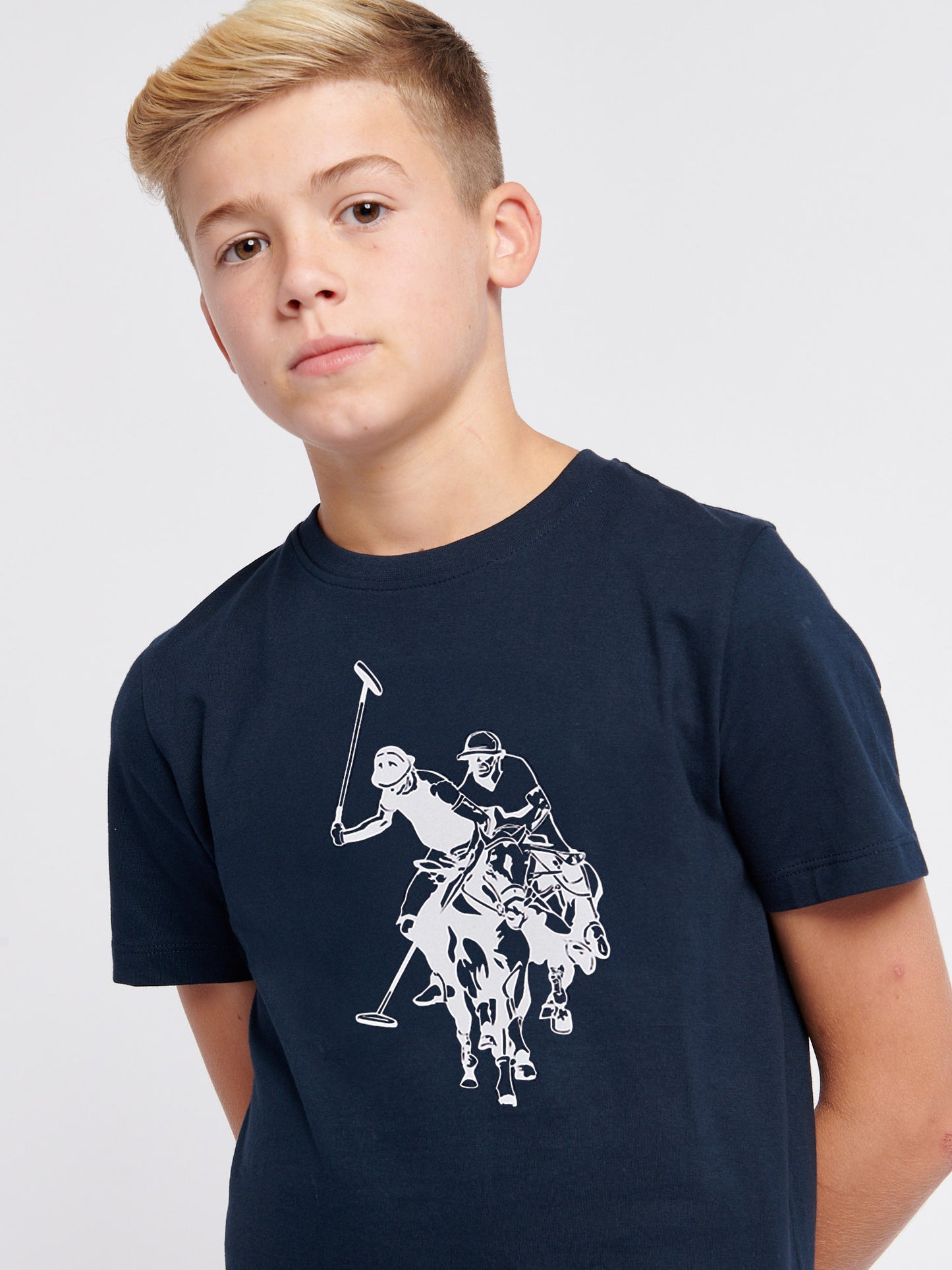 Boys Double Horsemen Graphic T-Shirt in Dark Sapphire Navy