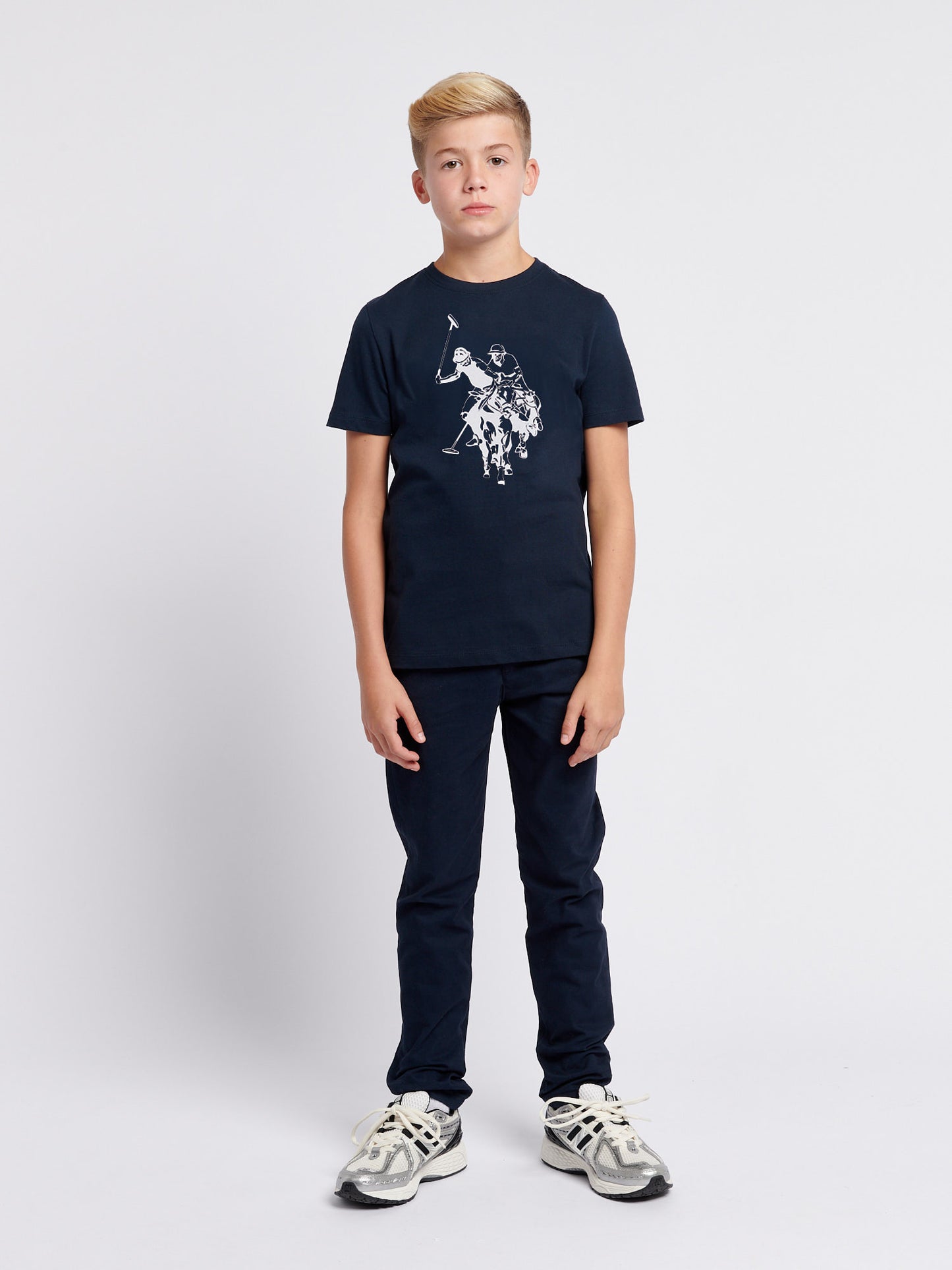 Boys Double Horsemen Graphic T-Shirt in Dark Sapphire Navy