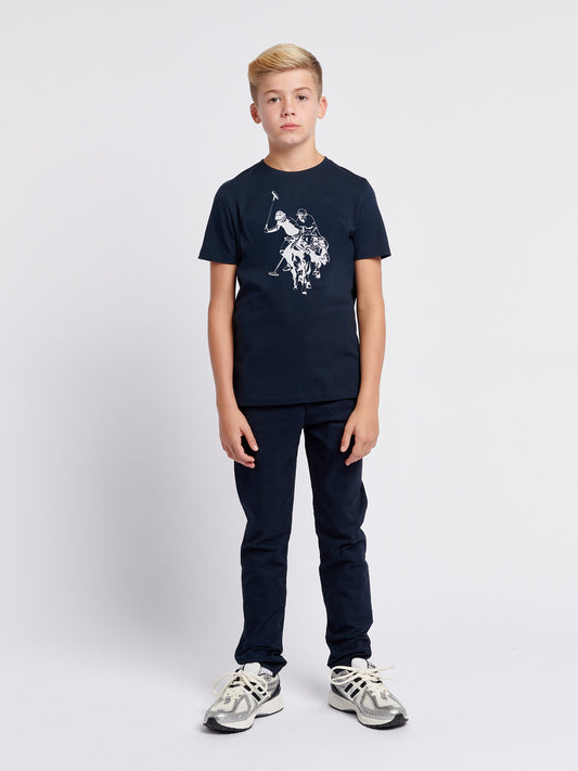 Boys Double Horsemen Graphic T-Shirt in Dark Sapphire Navy
