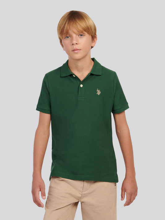 Boys Herringbone Texture Polo Shirt in Pineneedle