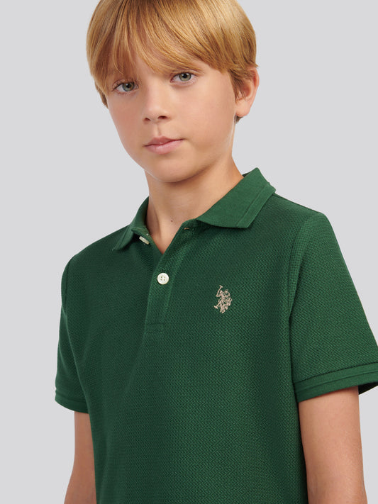 Boys Herringbone Texture Polo Shirt in Pineneedle
