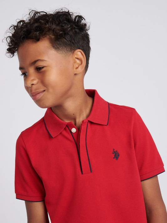 Boys Piped Pique Polo Shirt in Haute Red