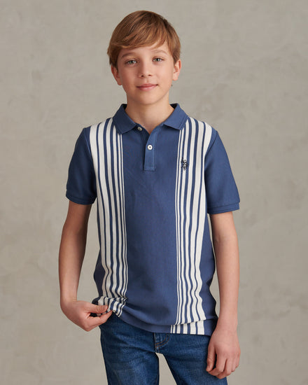 Boys Vertical Stripe Polo Shirt in Vintage Indigo