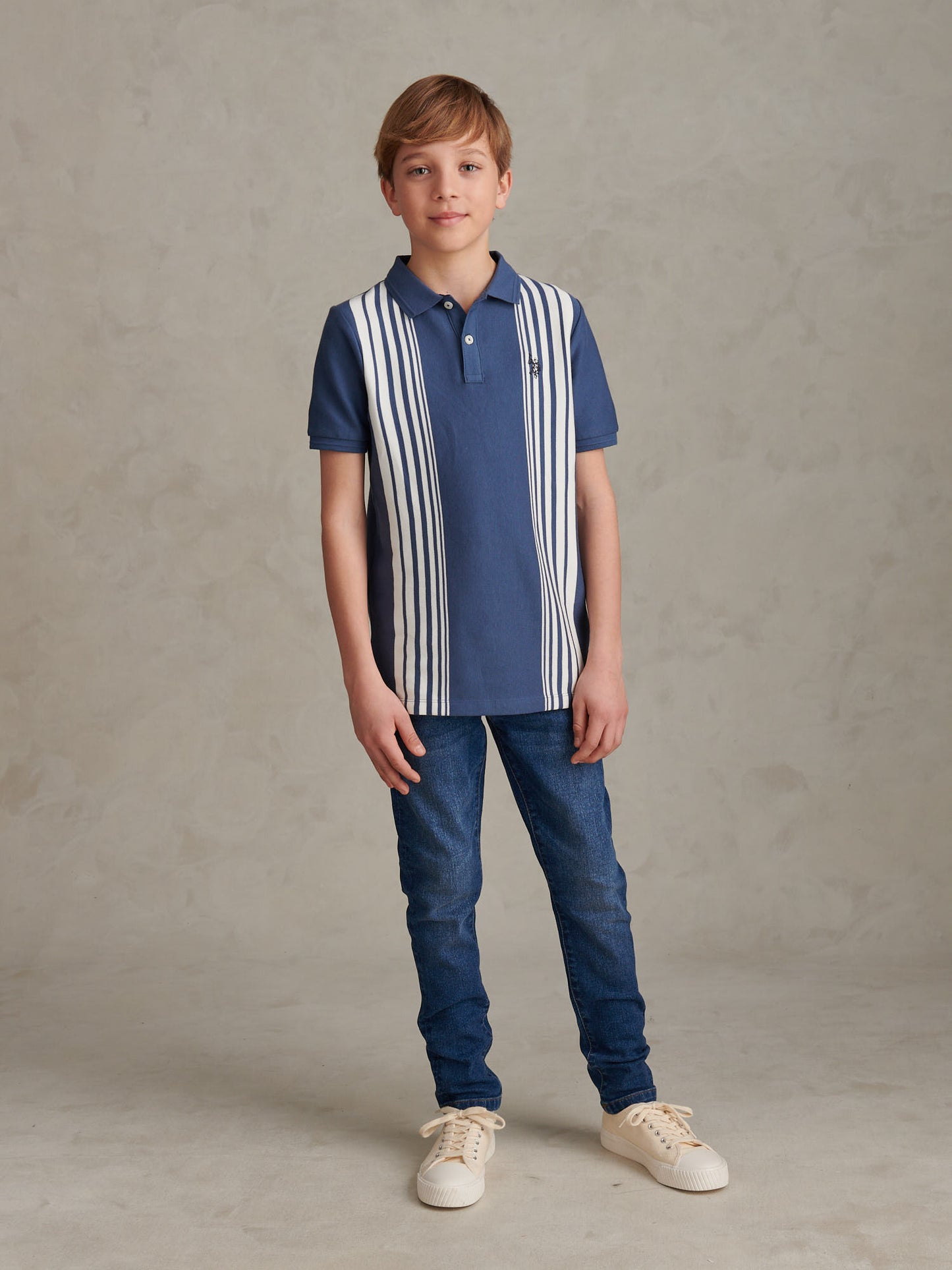 Boys Vertical Stripe Polo Shirt in Vintage Indigo
