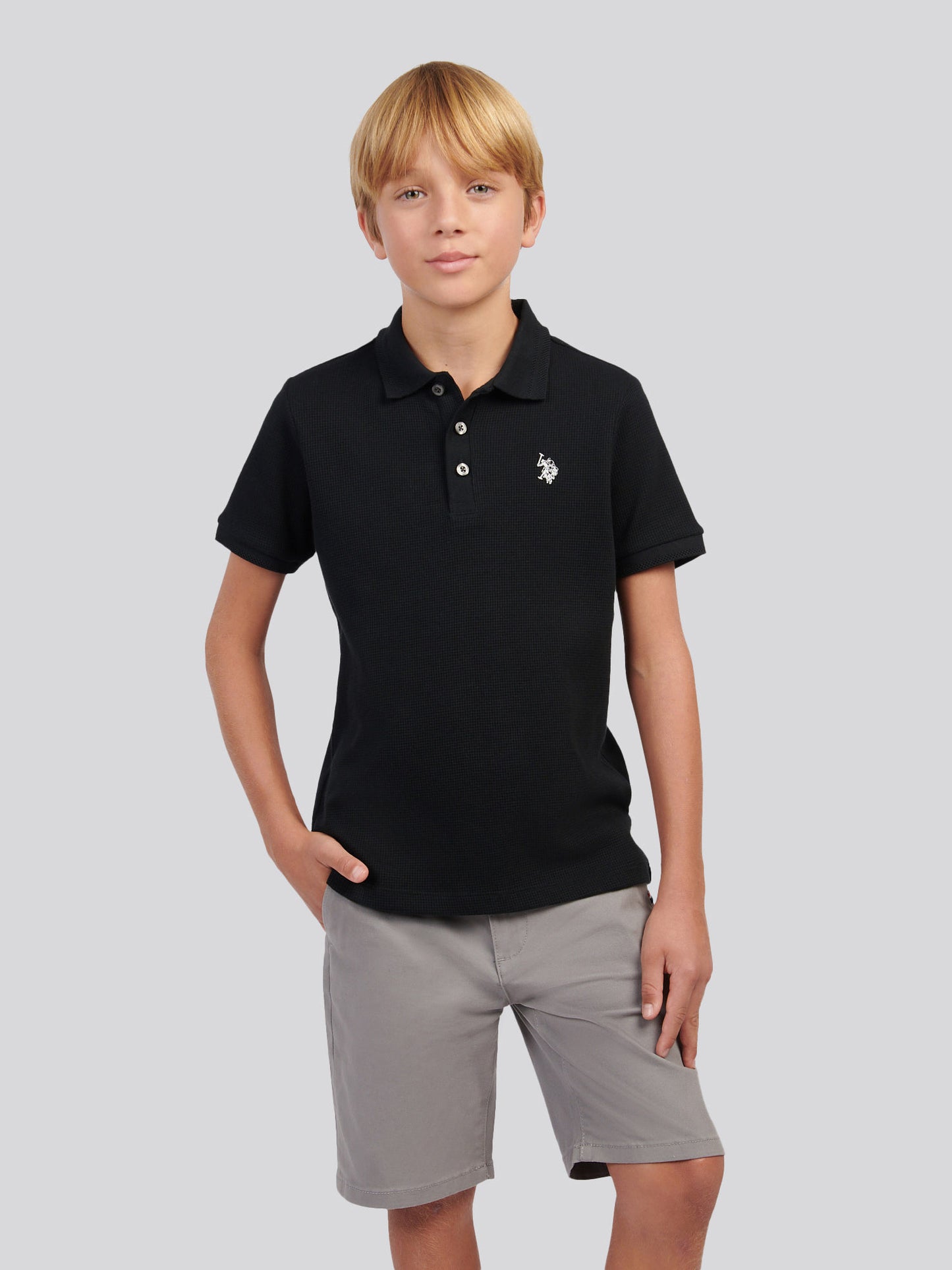 Boys Waffle Texture Polo Shirt in Black