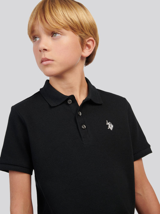 Boys Waffle Texture Polo Shirt in Black