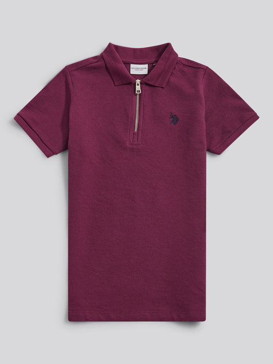 Boys Flat Pile Texture Zip Polo Shirt in Grape Wine