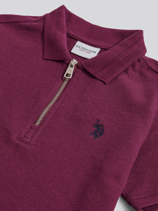 Boys Flat Pile Texture Zip Polo Shirt in Grape Wine