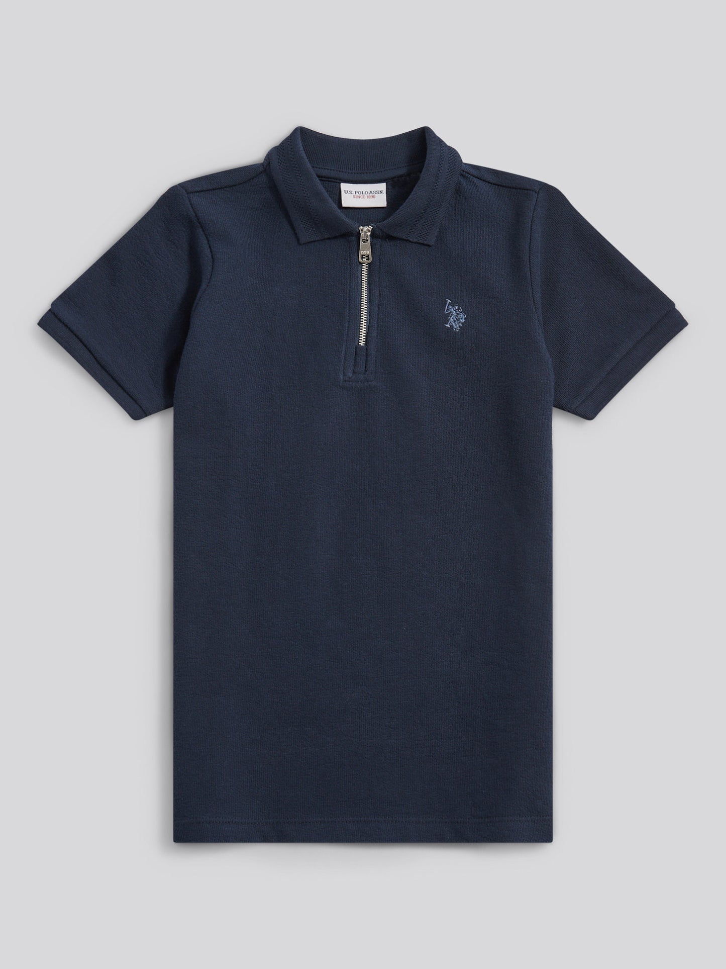 Boys Flat Pile Texture Zip Polo Shirt in Dark Sapphire Navy / Moonlight Blue DHM