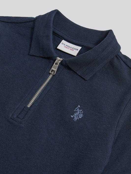 Boys Flat Pile Texture Zip Polo Shirt in Dark Sapphire Navy / Moonlight Blue DHM