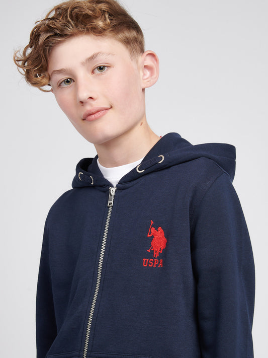 Boys Player 3 Zip Hoodie in Dark Sapphire Navy / Haute Red DHM