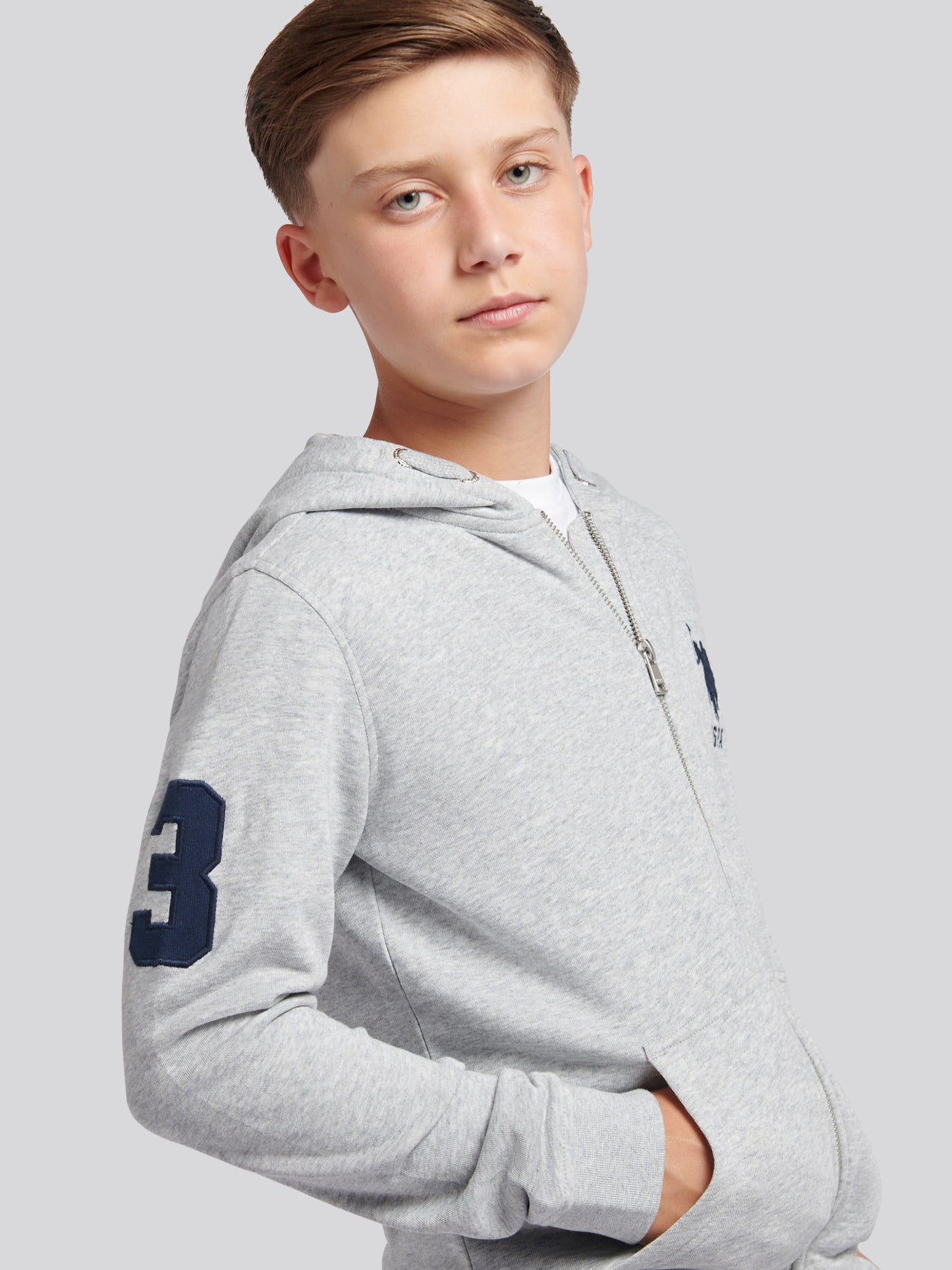 Boys Player 3 Zip Hoodie in Mid Grey Marl