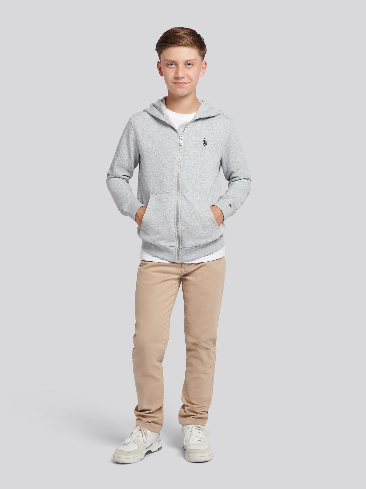 Boys Double Horsemen Zip Hoodie Mid Grey Marl