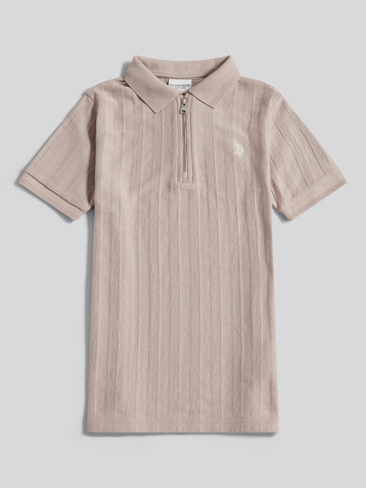 Boys Vertical Stripe Texture Zip Polo Shirt in Atmosphere