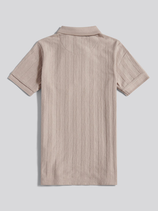 Boys Vertical Stripe Texture Zip Polo Shirt in Atmosphere