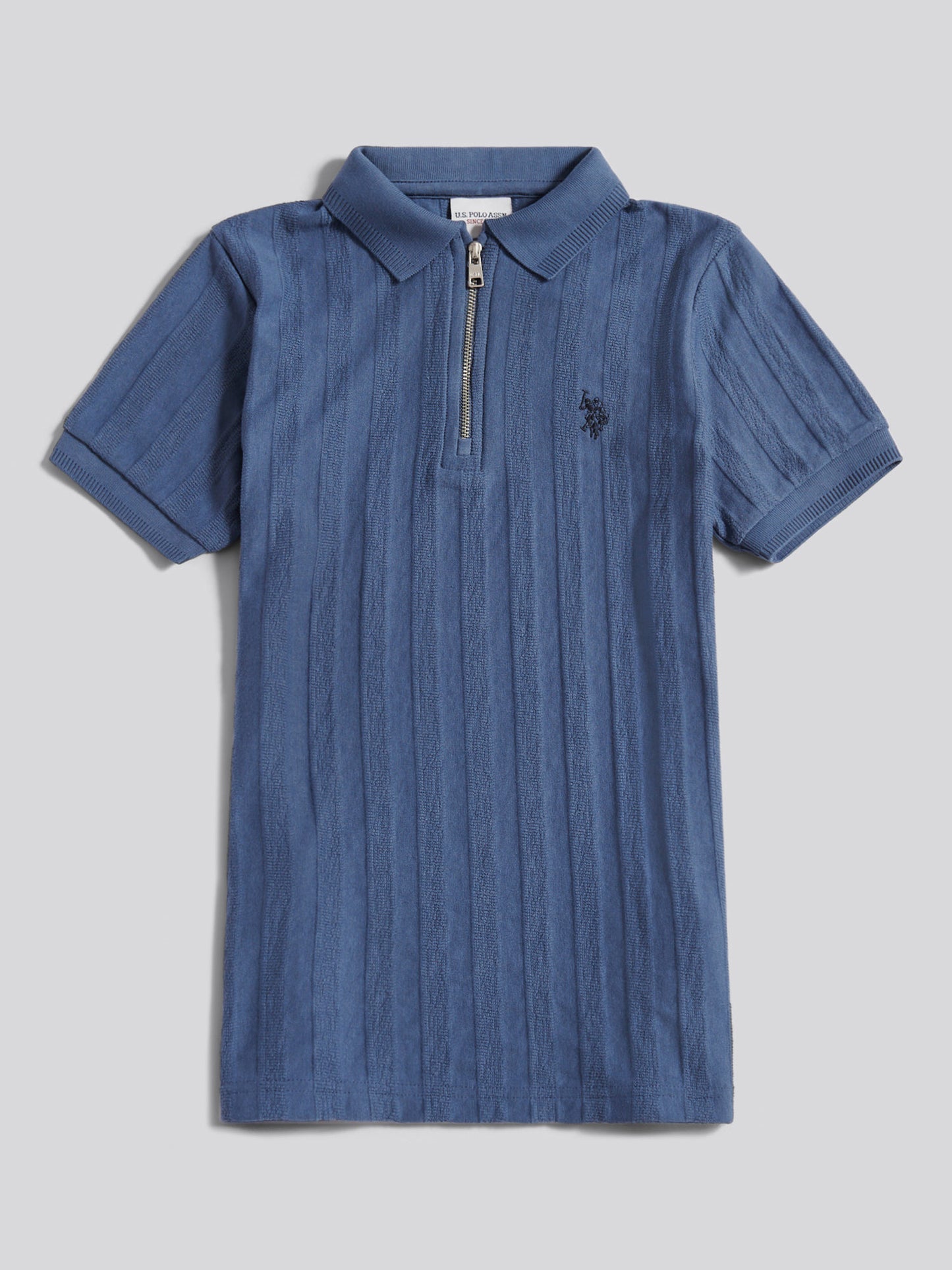 Boys Vertical Stripe Texture Zip Polo Shirt in Vintage Indigo