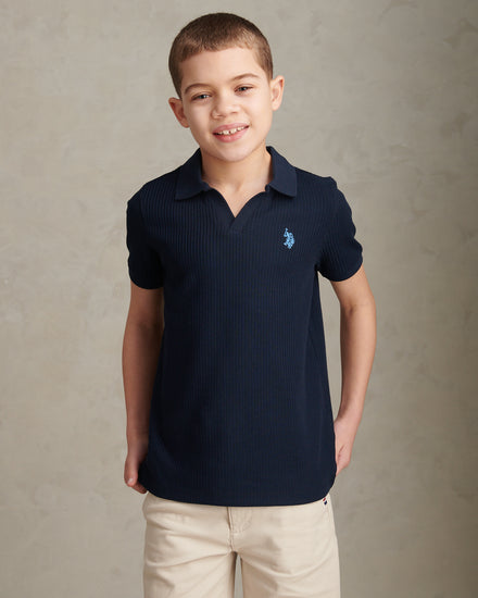 Boys Textured Open Collar Polo Shirt Dark Sapphire Navy
