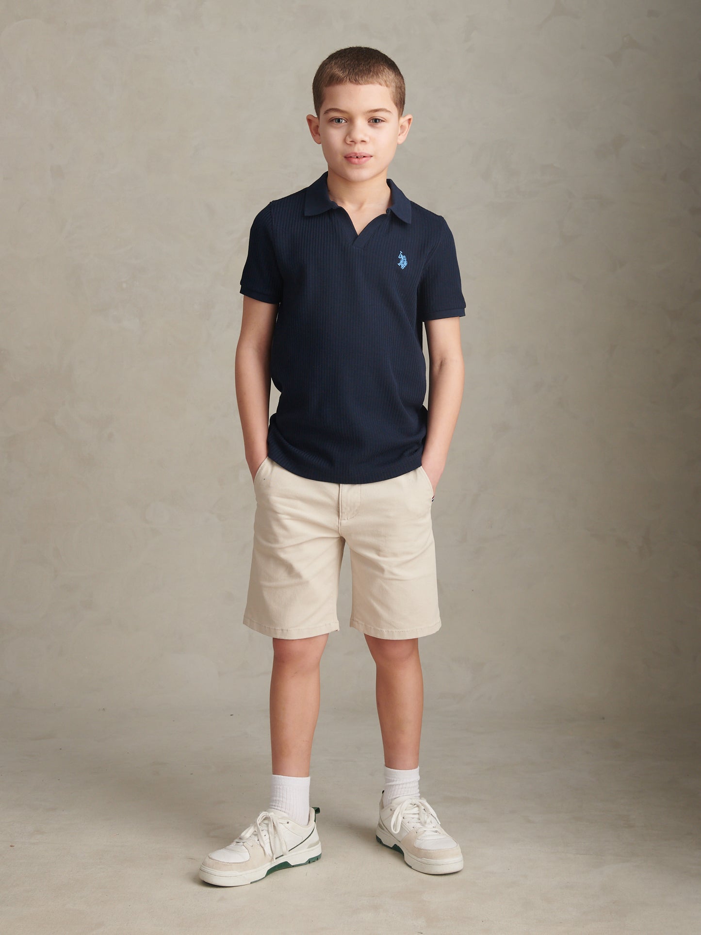 Boys Textured Open Collar Polo Shirt Dark Sapphire Navy