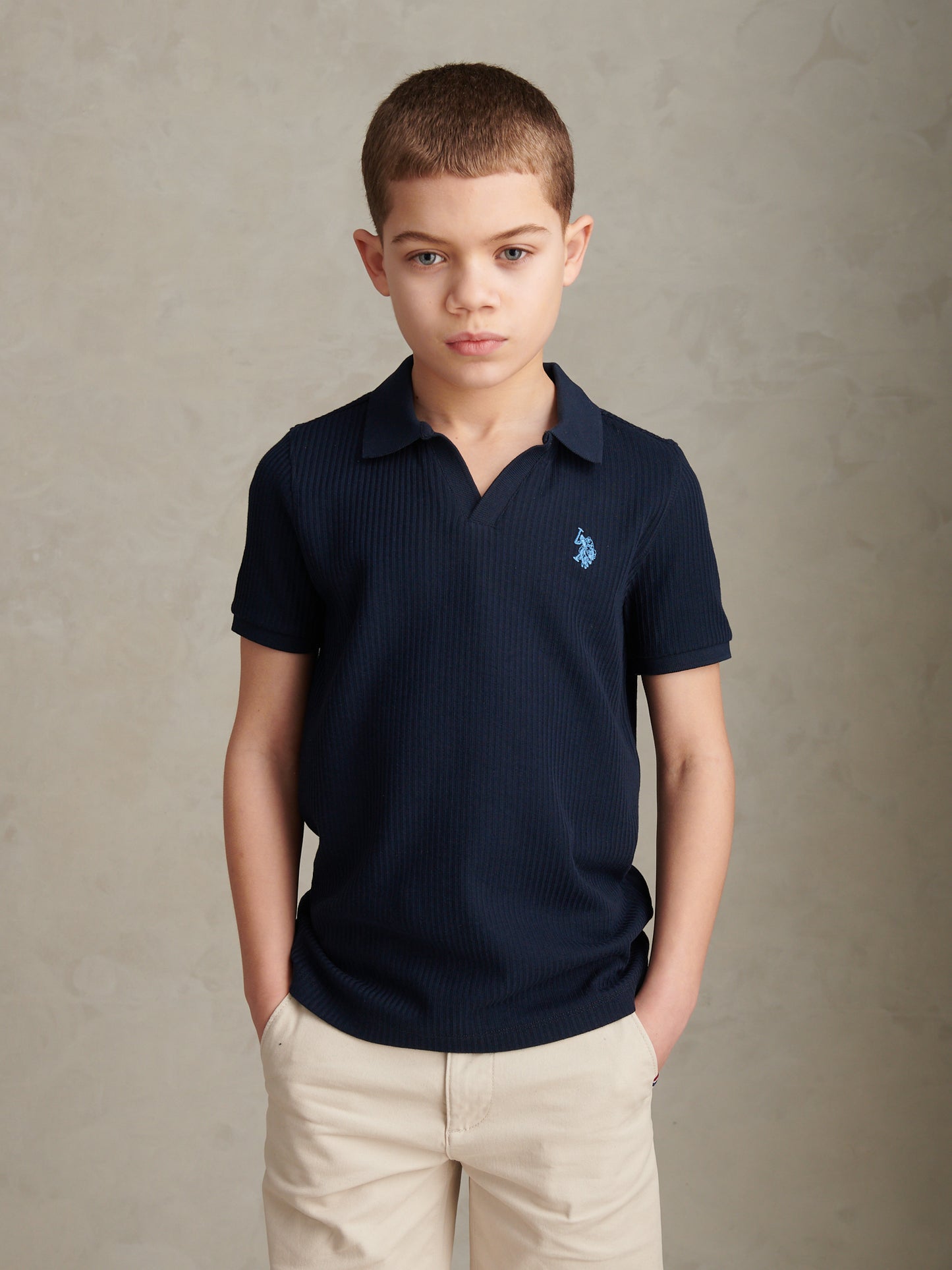 Boys Textured Open Collar Polo Shirt Dark Sapphire Navy