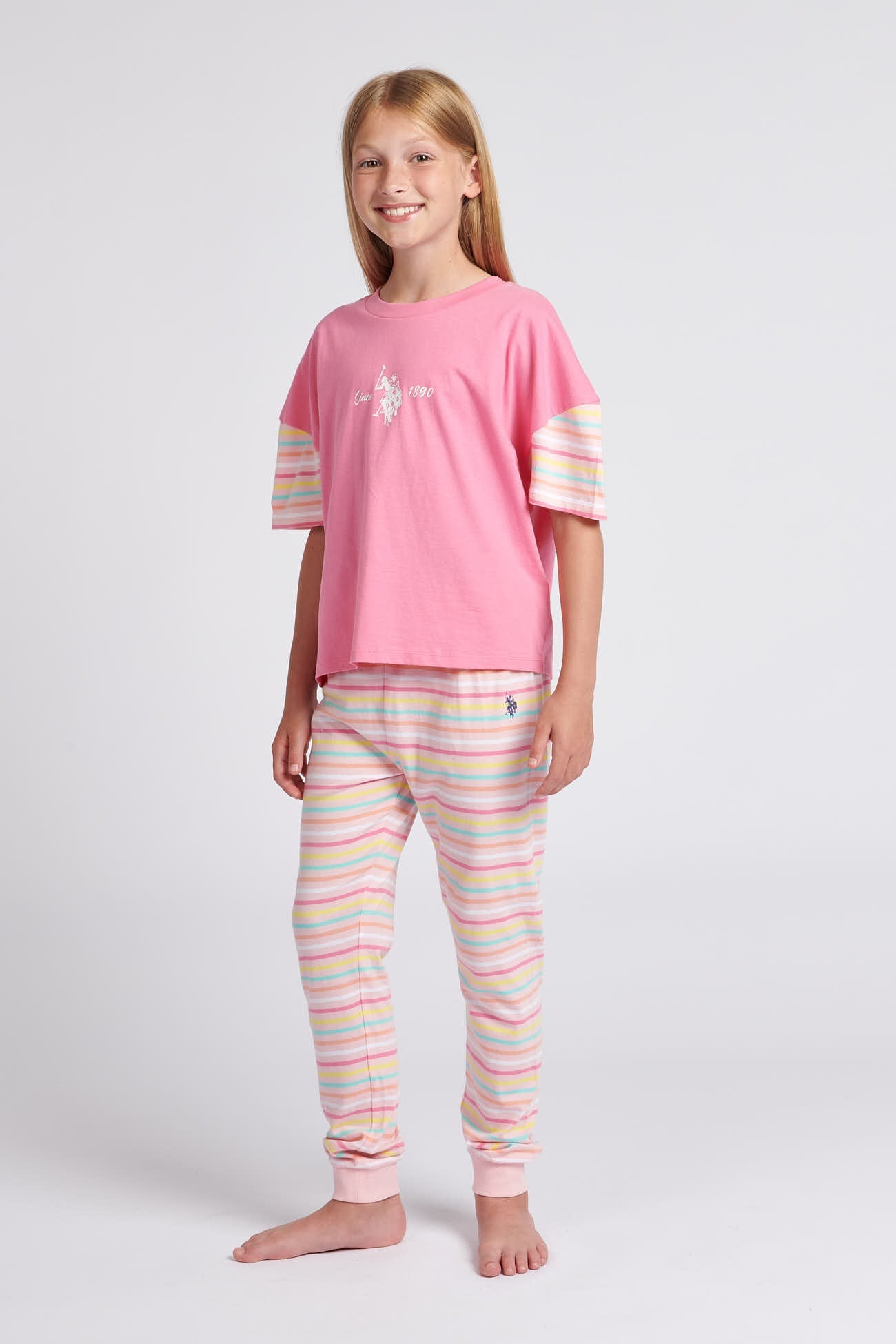 U.S. Polo Assn. Girls Tee And Stripe Legging Lounge Set in Orchid Pink