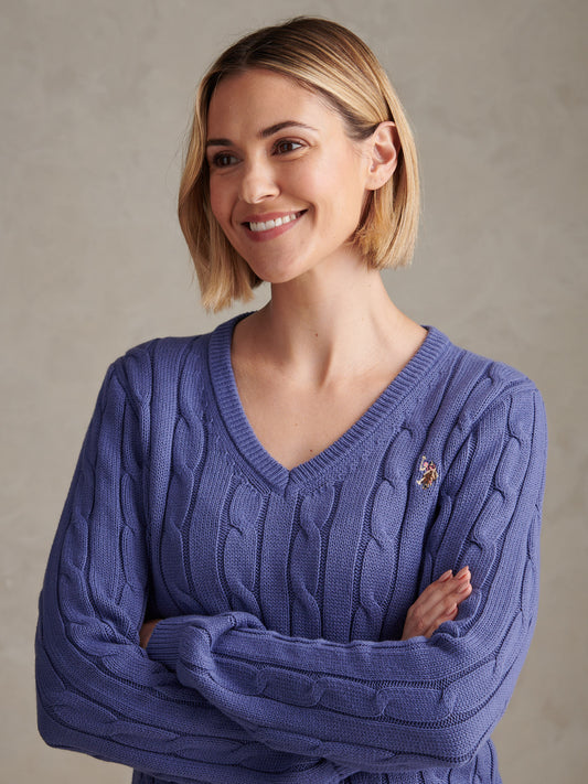 Womens V-Neck Cable Jumper in Marlin