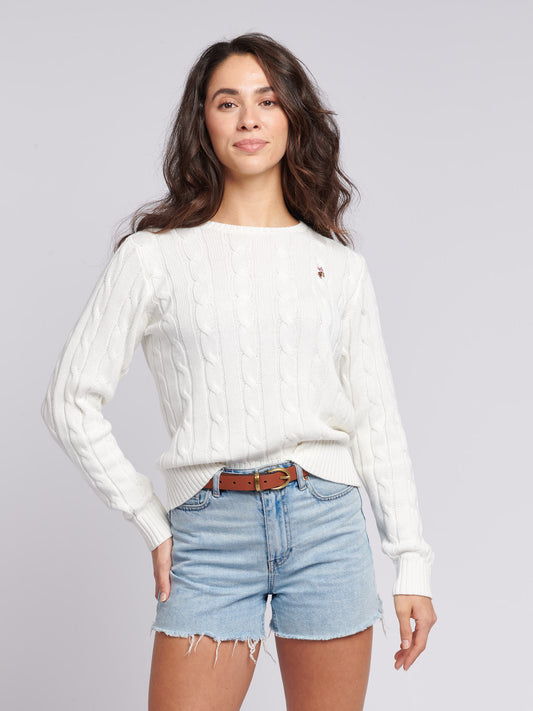 U.S. Polo Assn. Women's Crew Neck Cable Jumper in Marshmallow – front view