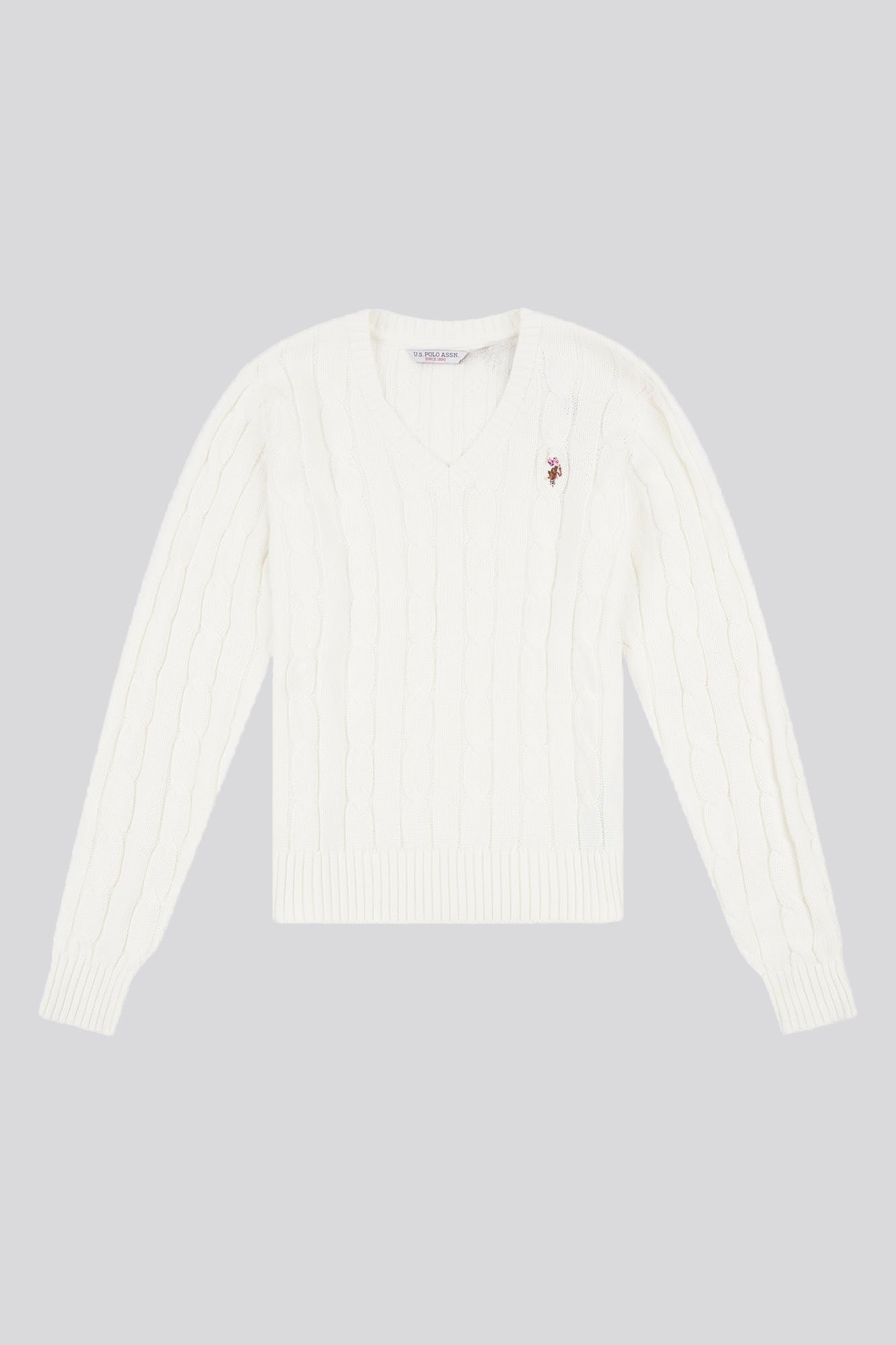 U.S. Polo Assn. Womens V-Neck Cable Knit Jumper in Marshmallow