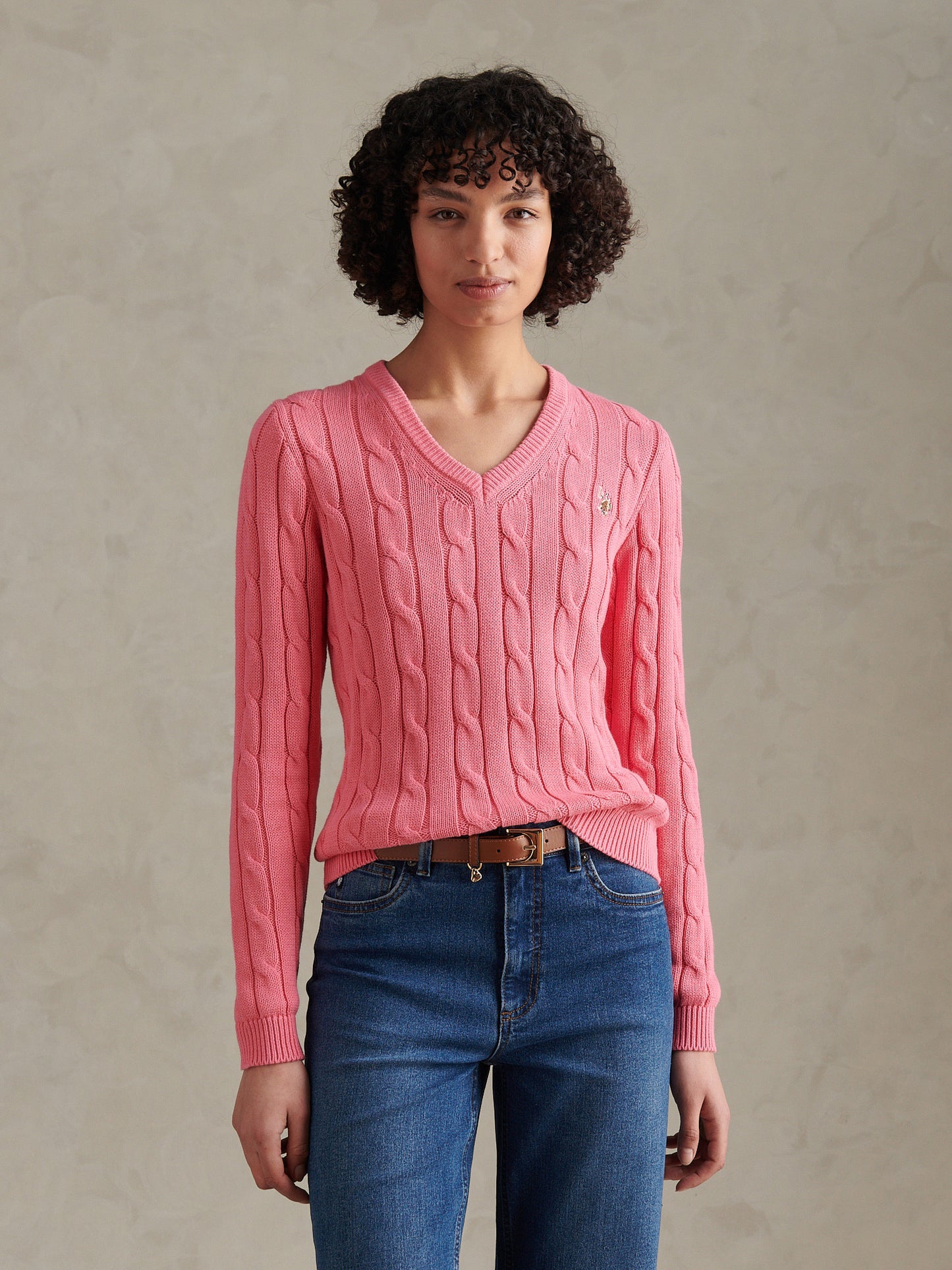 Womens V-Neck Cable Jumper Pink Bubblegum
