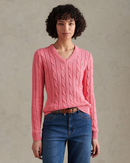 Womens V-Neck Cable Jumper Pink Bubblegum