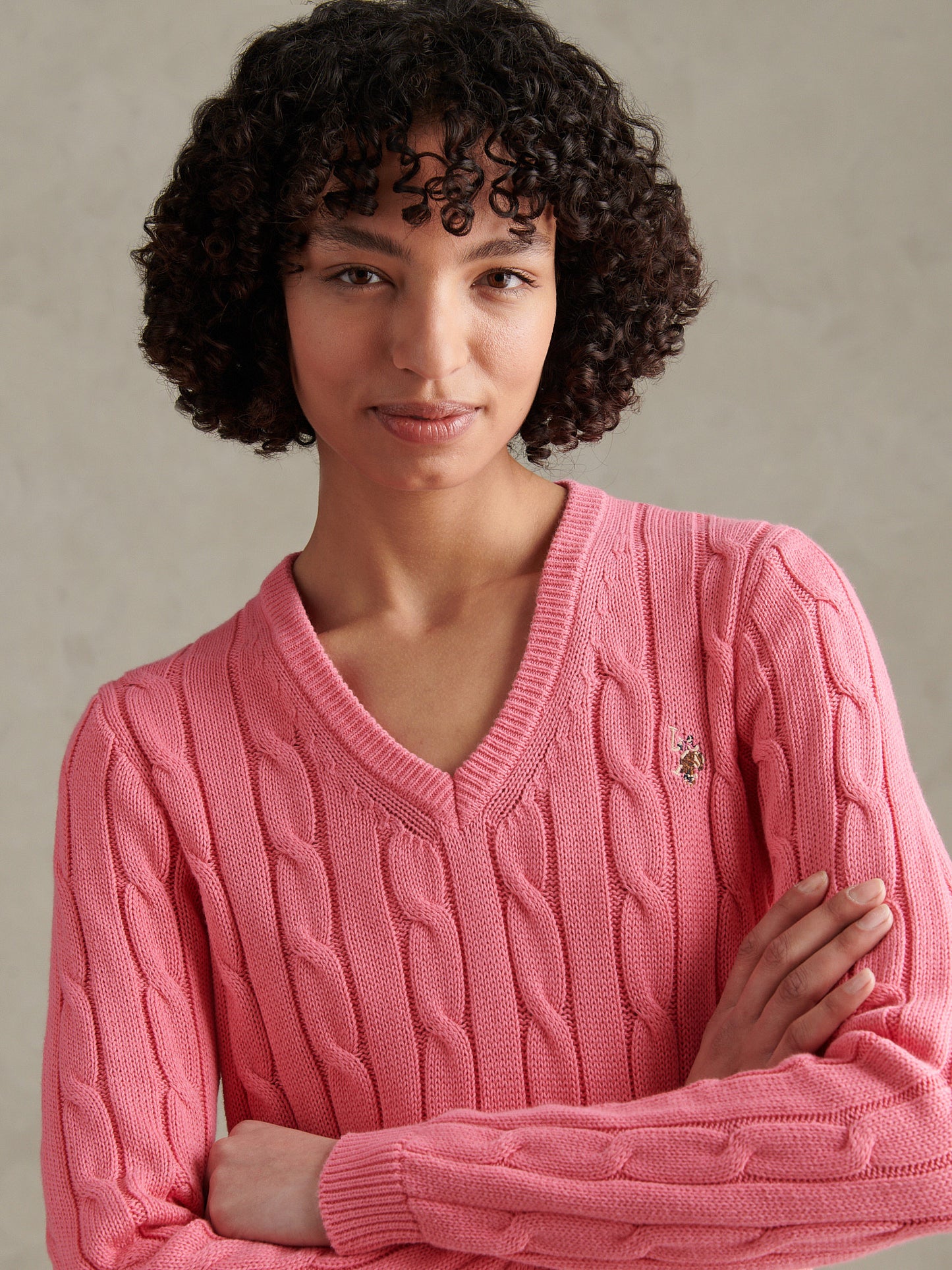 Womens V-Neck Cable Jumper Pink Bubblegum