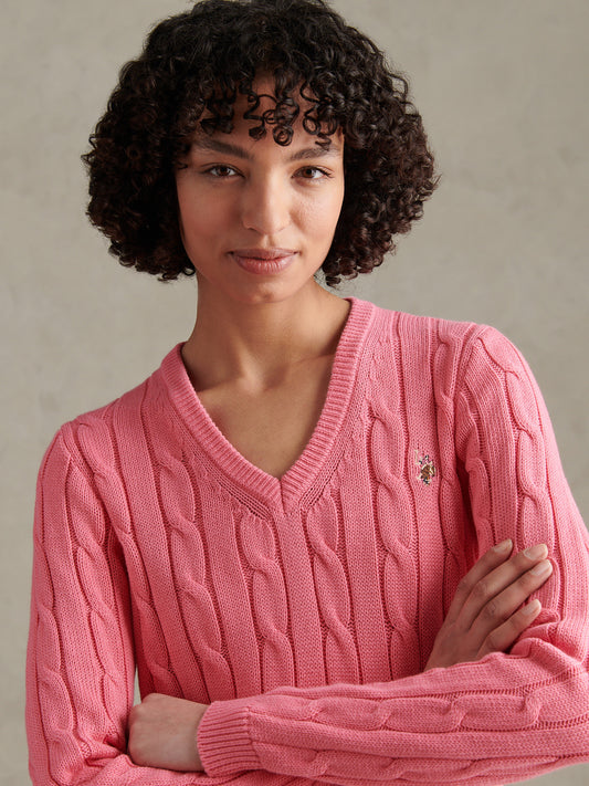 Womens V-Neck Cable Jumper Pink Bubblegum