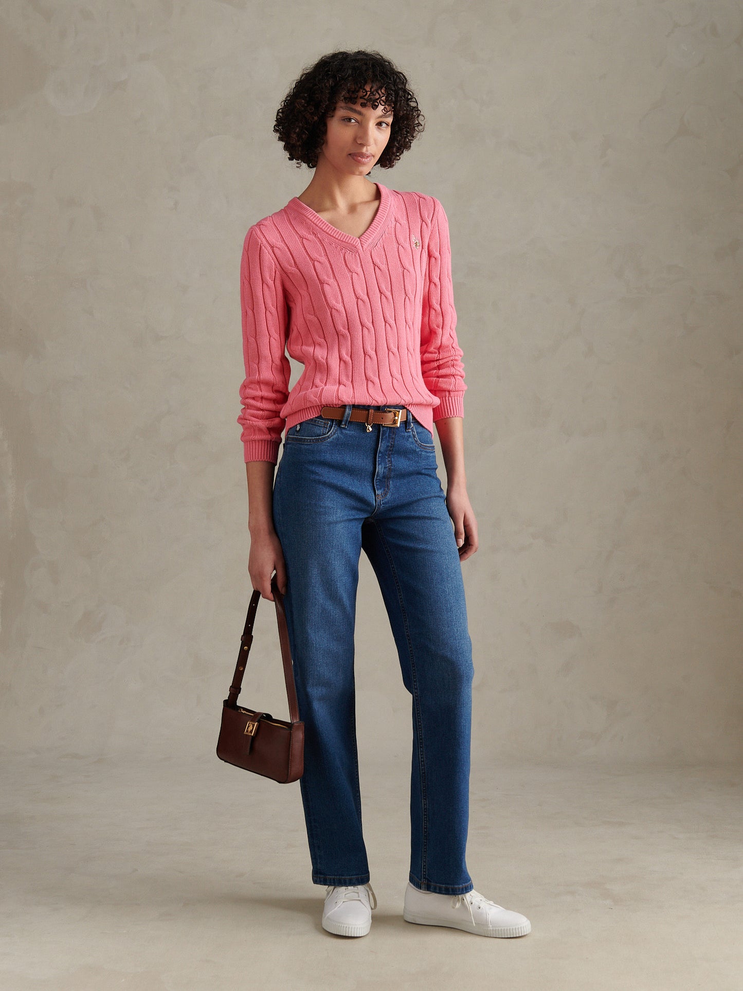 Womens V-Neck Cable Jumper Pink Bubblegum