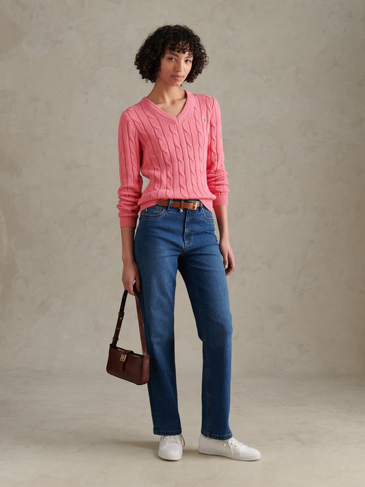 Womens V-Neck Cable Jumper Pink Bubblegum