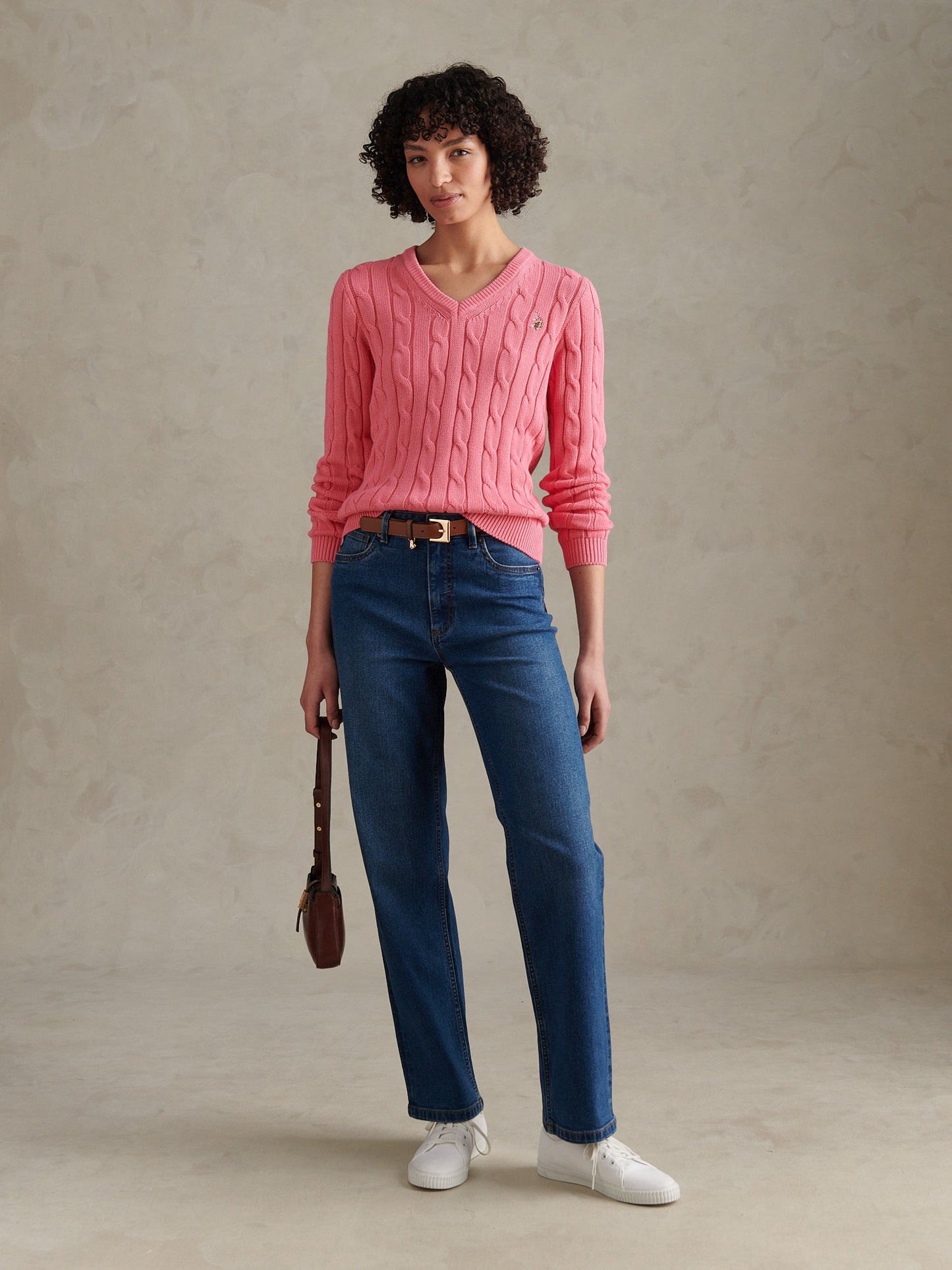 Womens V-Neck Cable Jumper Pink Bubblegum