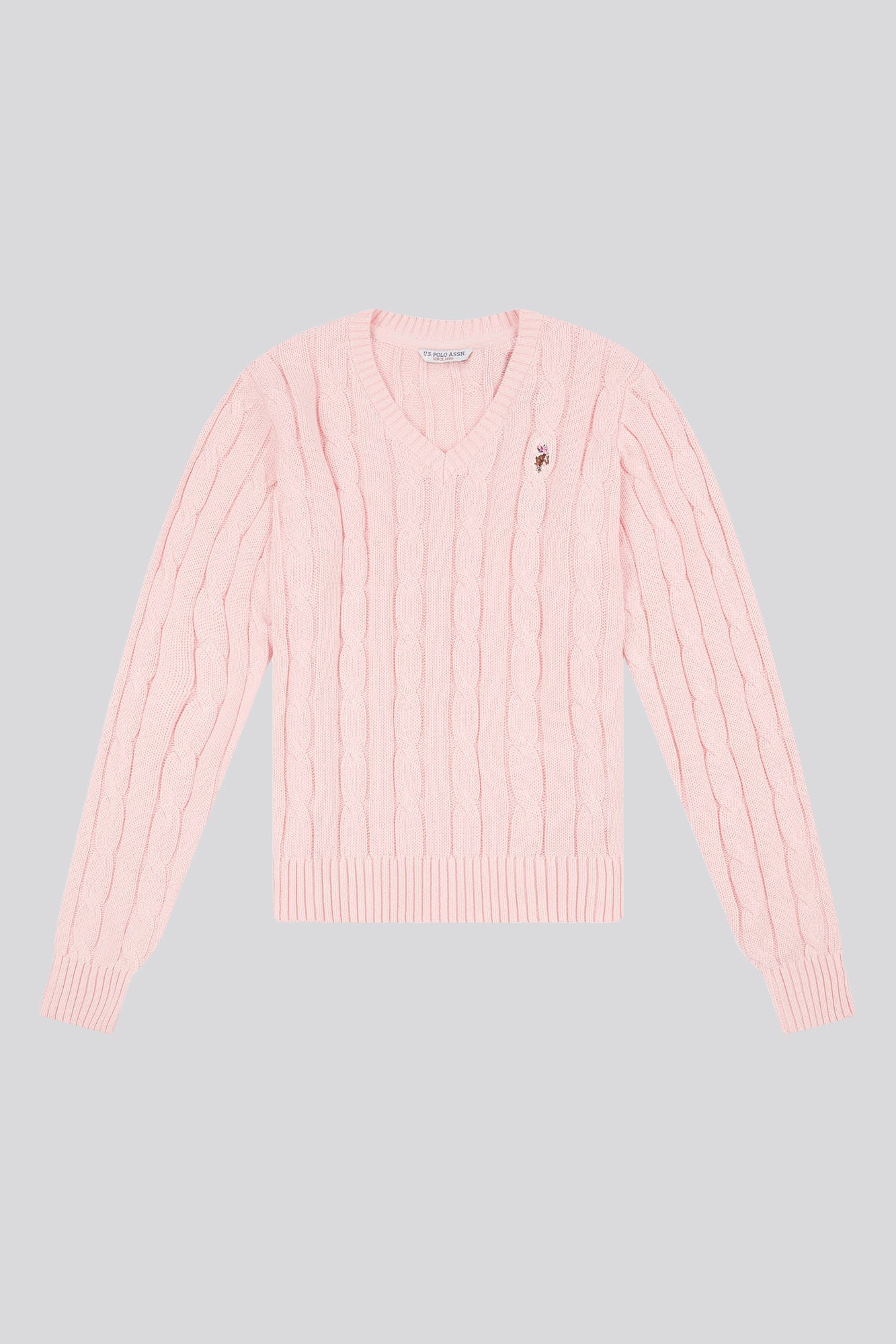 U.S. Polo Assn. Womens V-Neck Cable Knit Jumper in Crystal Rose