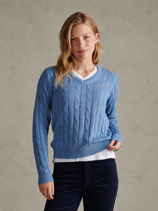 Womens V-Neck Cable Jumper Azurine