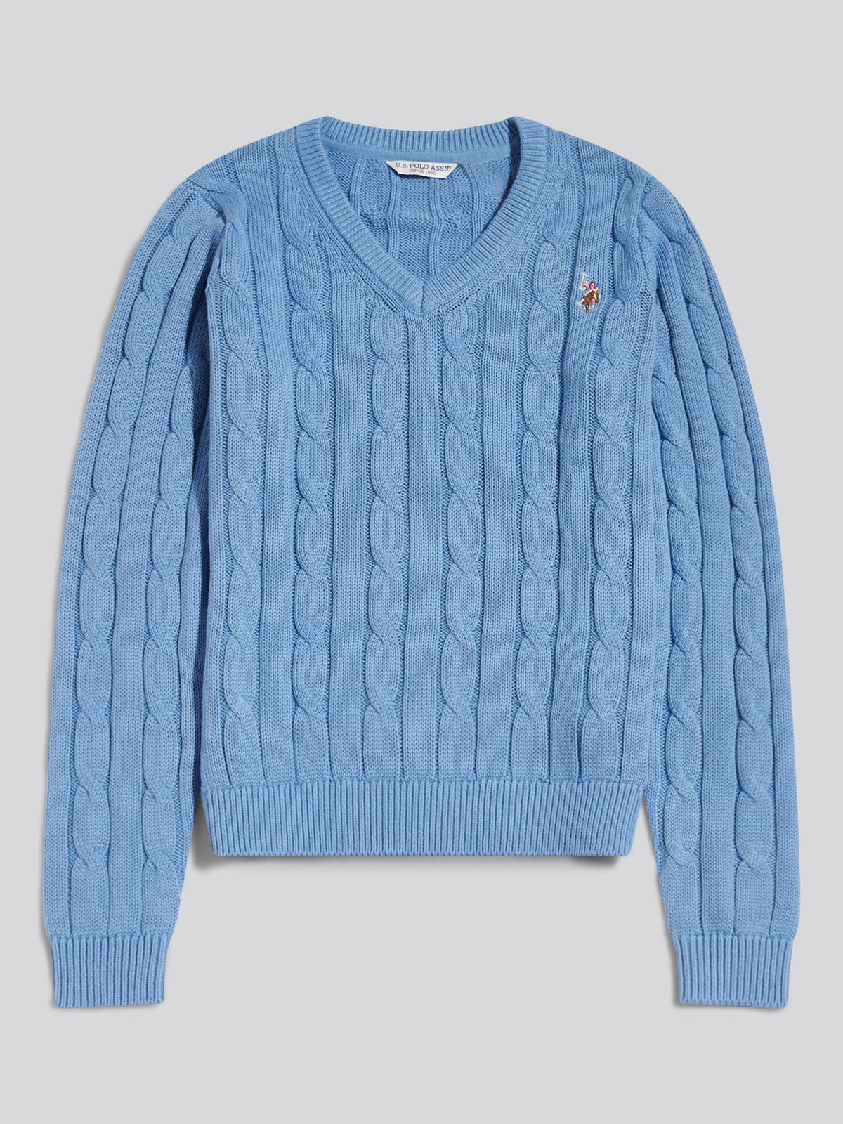 Womens V-Neck Cable Jumper Azurine