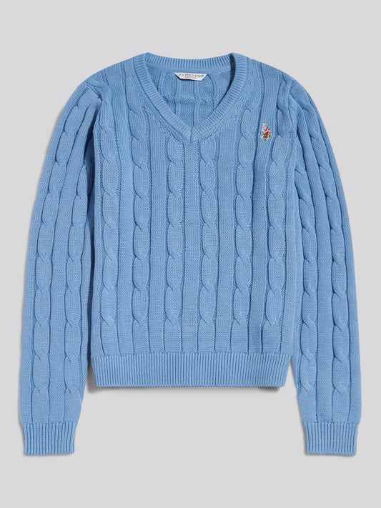 Womens V-Neck Cable Jumper Azurine