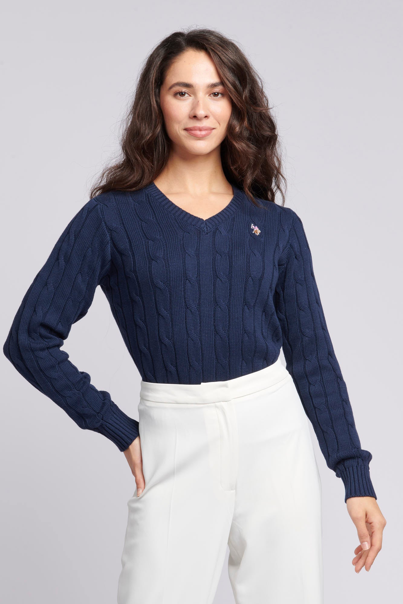 Womens V-Neck Cable Jumper in Navy Iris