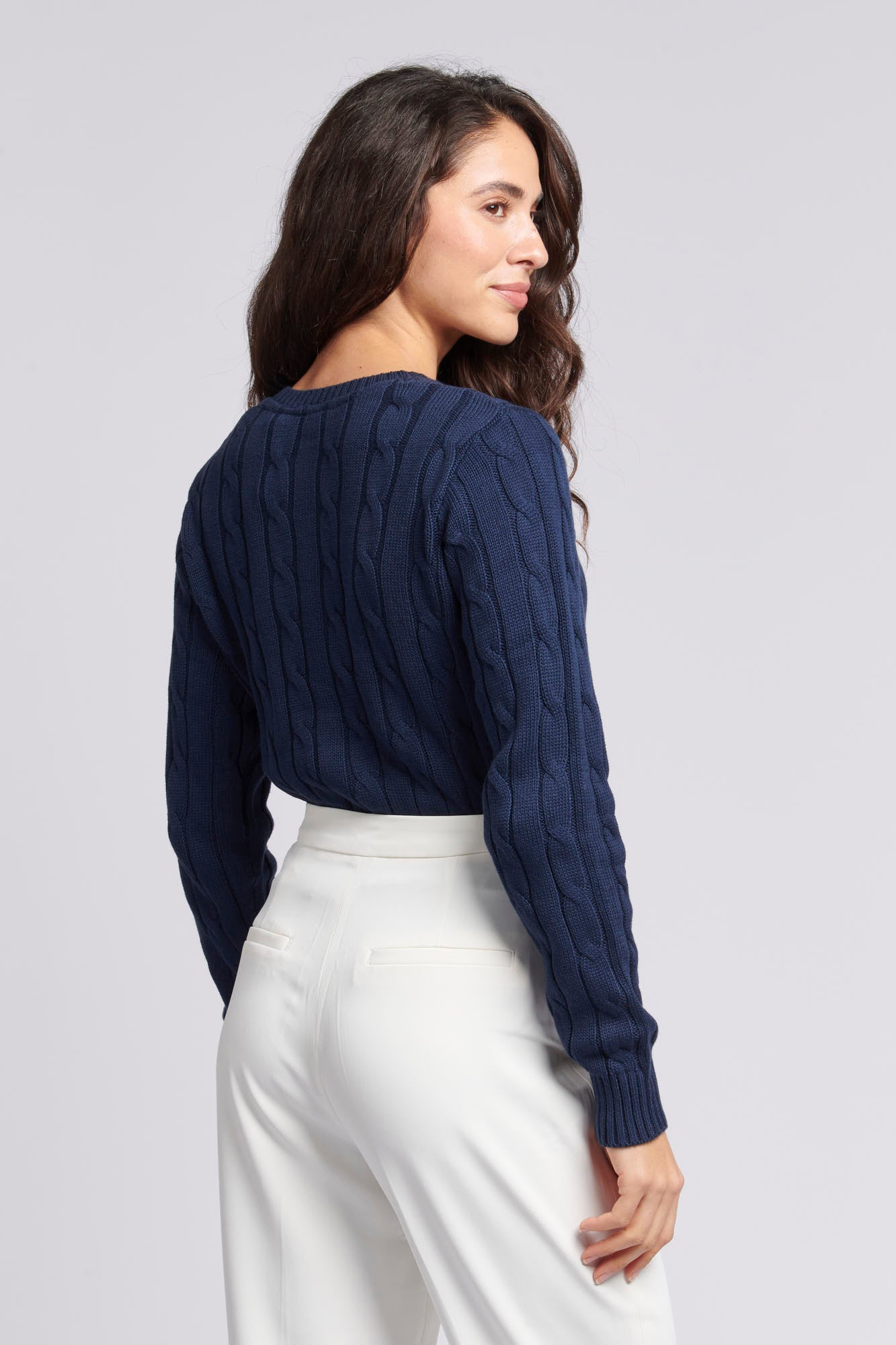 Womens V-Neck Cable Jumper in Navy Iris