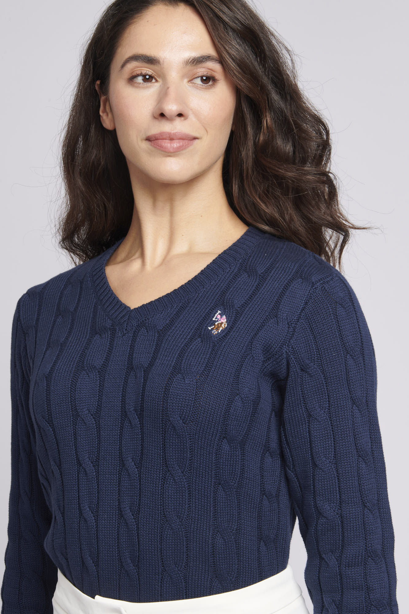 Womens V-Neck Cable Jumper in Navy Iris