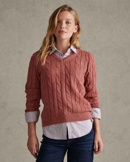 Womens V-Neck Cable Jumper Withered rose