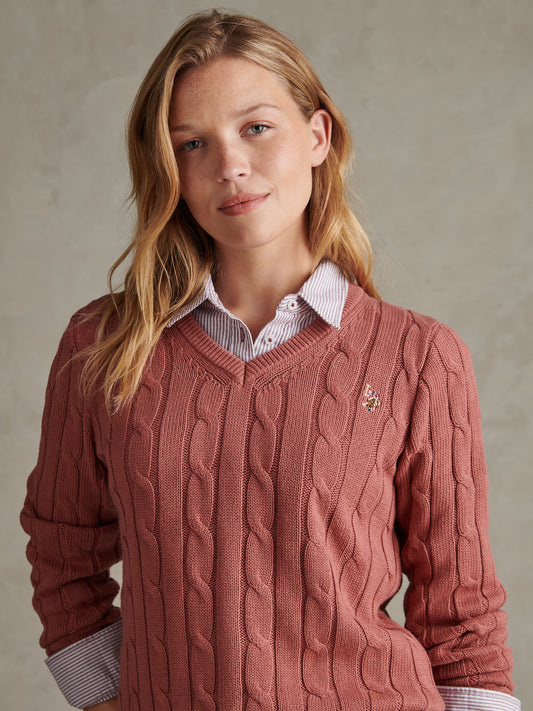 Womens V-Neck Cable Jumper Withered rose