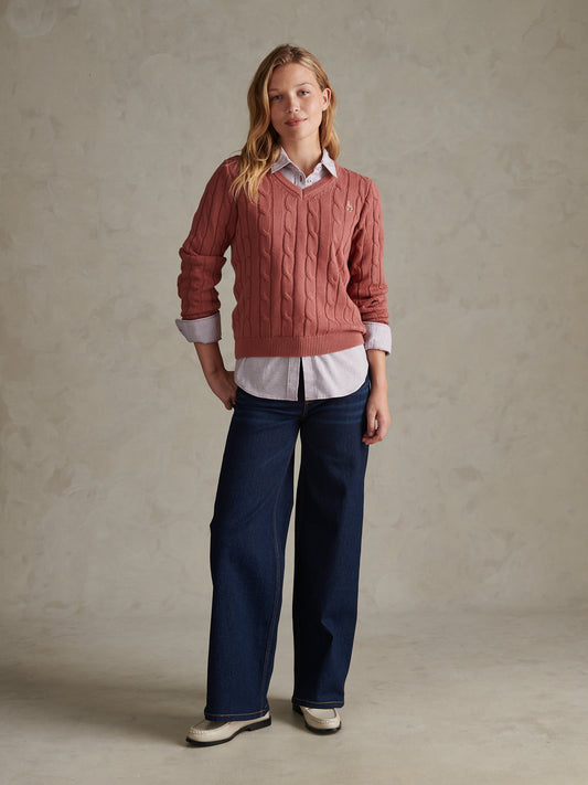 Womens V-Neck Cable Jumper Withered rose