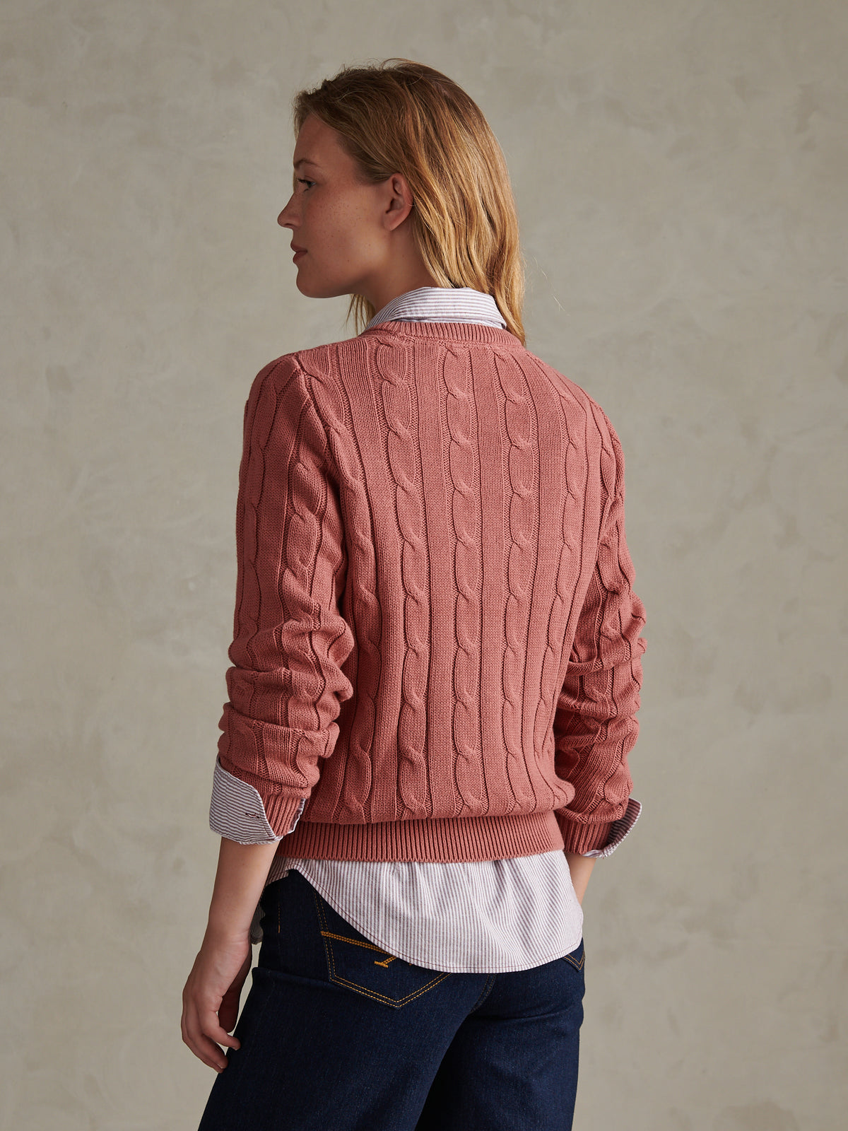 Womens V-Neck Cable Jumper Withered rose