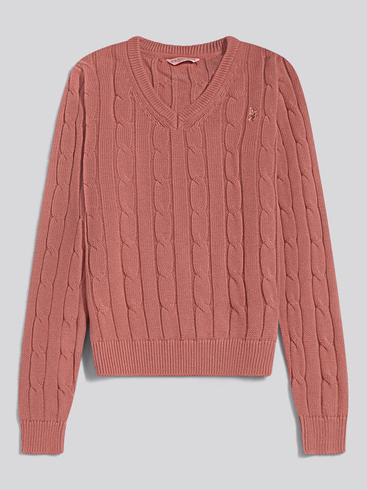 Womens V-Neck Cable Jumper Withered rose