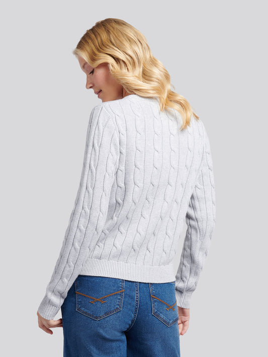 Womens V-Neck Cable Jumper in Pearl Grey Marl