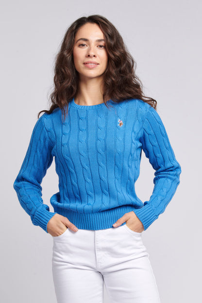 Women’s Cable Knit Crew Neck Jumper in Regatta Blue